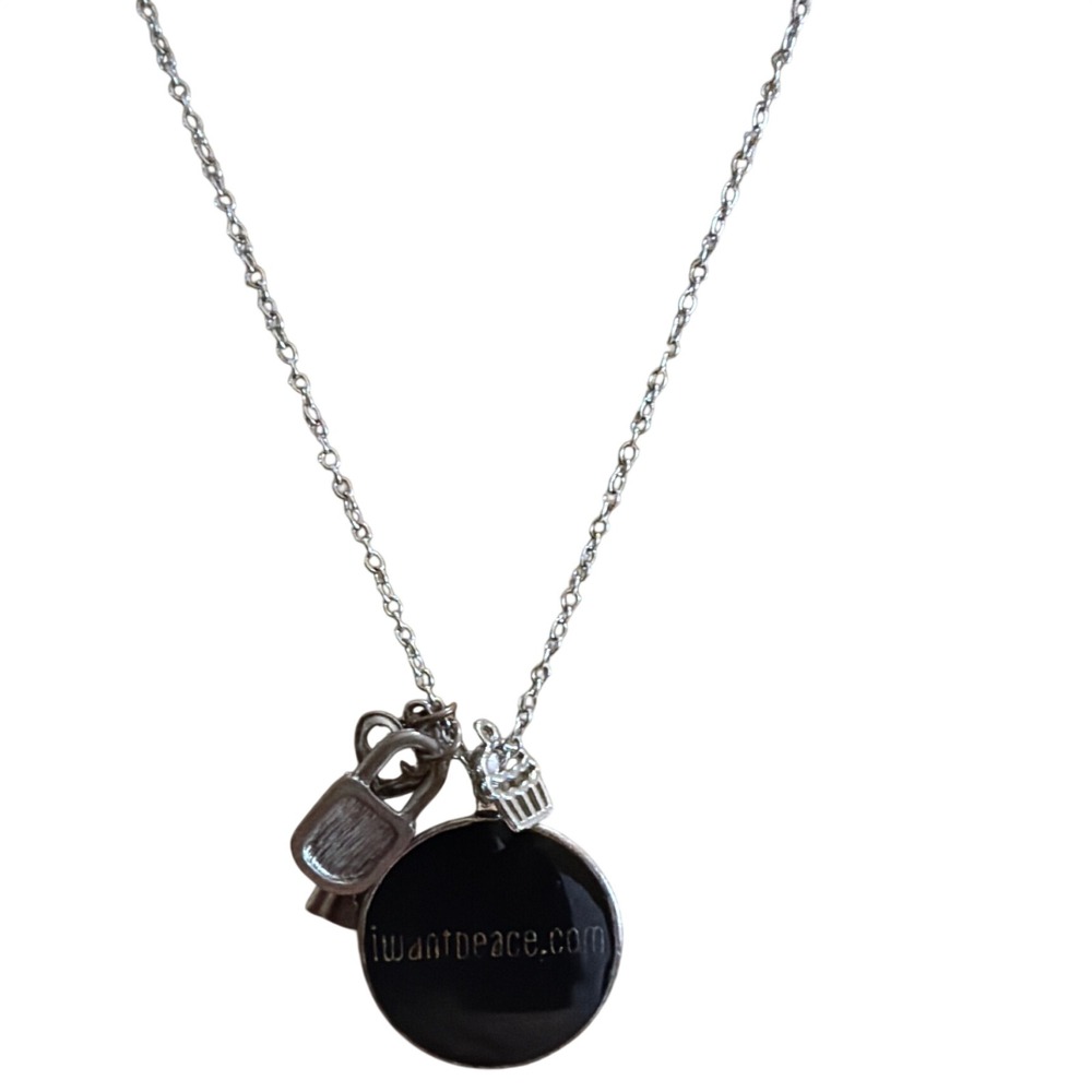IWantPeace.com Silver Tone Multi Charm Necklace Lock Key Cupcake Pendant